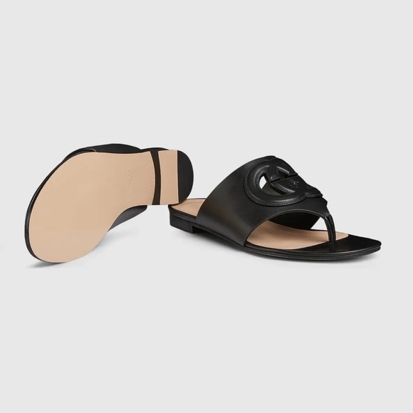 Gucci Black Leather GG Interlocking Cut Out Thong Sandals EU 38.5 US 8.5 - Picture 13 of 14